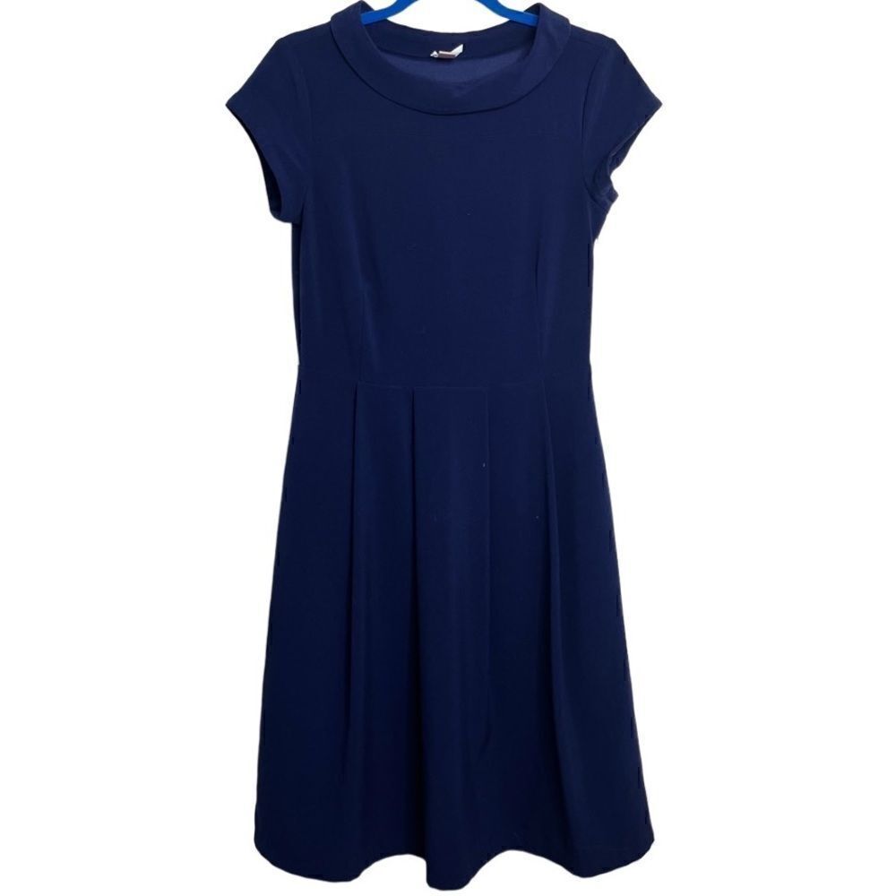 Down East Basics Short Sleeve Collared Pleated Midi Dress Navy Blue Size Large
